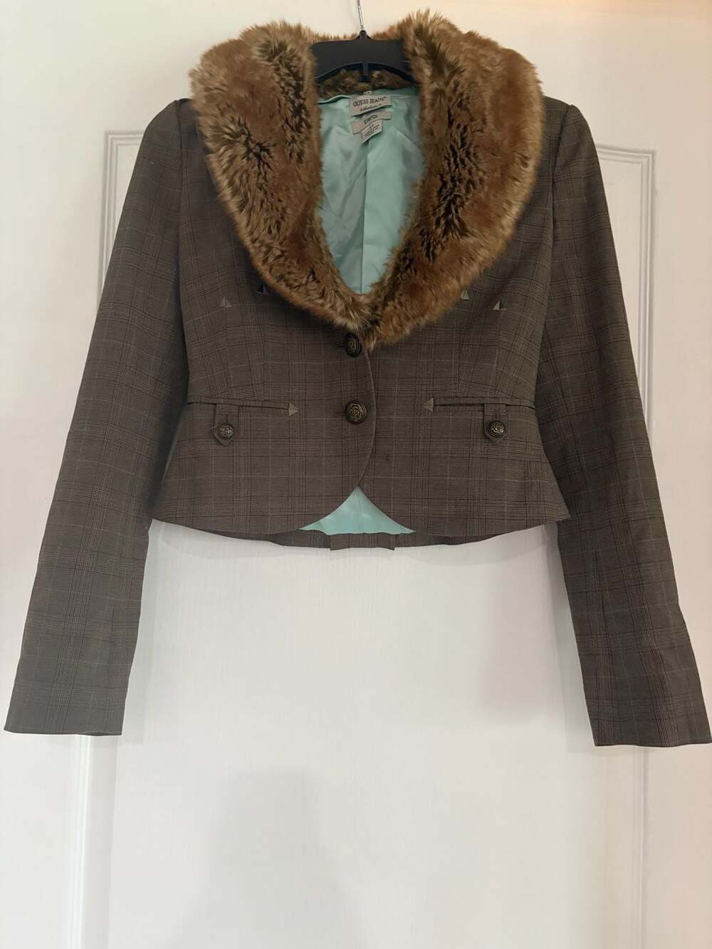 Guess Jeans Authentic Stretch Brown Plaid Cropped Jacket with Faux Fur Collar